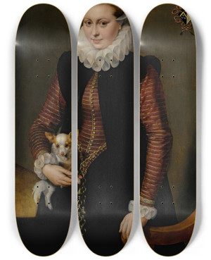 Triptych art skateboard deck of Frans Pourbus The Elder Portrait Of A Young Woman Aged 17 by Frans Pourbus The Elder (1523-1584)