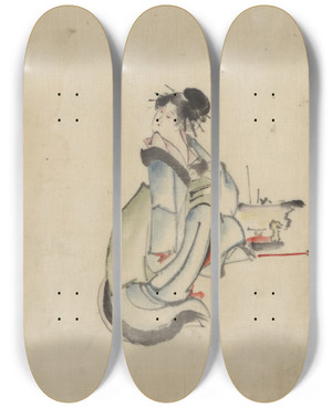 Triptych art skateboard deck of Katsushika Hokusai A Woman Possibly A Courtesan Seated Facing Right With Her Head Turned To Look Back Over Her Right Shoulder Wearing Several Hairpins by Katsushika Hokusai (1760-1849)