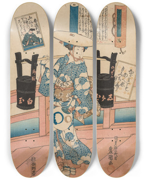 Triptych art skateboard deck of Utagawa Kunisada Toyokuni Iii Harumichi No Tsuraki From The Series A Pictorial Commentary On One Hundred Poems By One Hundred Poets No 31 by Utagawa Kunisada (Toyokuni III) (1786-1865)
