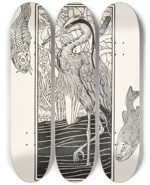 Triptych art skateboard deck of Percy J Billinghurst The Heron by Percy J Billinghurst (1871-1933)