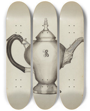 Triptych art skateboard deck of John R Towers Silver Teapot by John R Towers