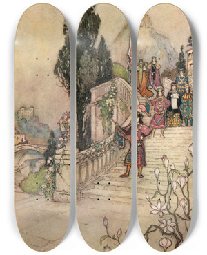 Triptych art skateboard deck of Warwick Goble The Royal Proclamation by Warwick Goble (1862-1943)