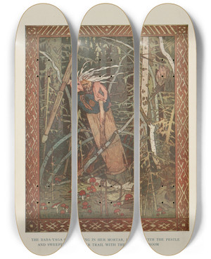 Triptych art skateboard deck of Ivan Bilibin The Babayaga Came Riding In Her Mortar by Ivan Bilibin (1876-1942)