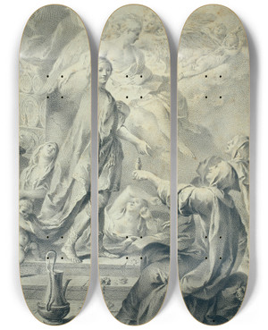 Triptych art skateboard deck of Jos Camarn Bononat Parable Of The Wise And Foolish Virgins by Jose Camaron Bononat (1731-1803)