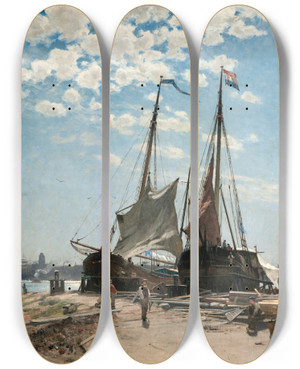 Triptych art skateboard deck of Carl Sknberg The Harbour Dordrecht by Carl Skanberg (1850-1883)