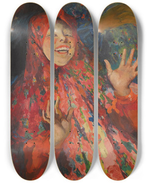 Triptych art skateboard deck of Filipp Malyavin Laughing Girl_2 by Filipp Malyavin (1869-1940)