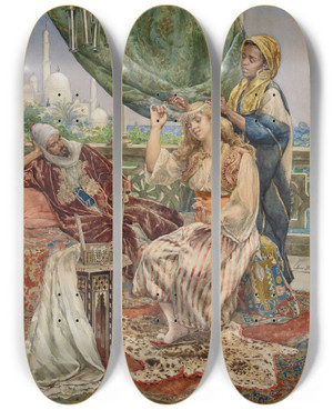 Triptych art skateboard deck of Ettore Simonetti The Servant And Mistress by Ettore Simonetti (1857-1909)