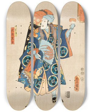 Triptych art skateboard deck of Utagawa Kunisada Toyokuni Iii The Salve Vendor Ichikawa Danjr Ix As Toraya Tkichi by Utagawa Kunisada (Toyokuni III) (1786-1865)