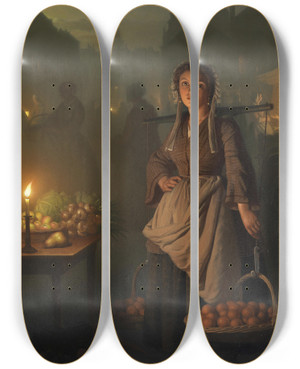 Triptych art skateboard deck of Petrus Van Schendel Market By Candlelight by Petrus Van Schendel (1806-1870)