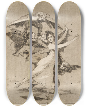 Triptych art skateboard deck of Francisco De Goya No Te Escapars You Will Not Escape by Francisco de Goya (1746-1828)