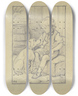 Triptych art skateboard deck of Otto Scholderer Sitzender Knabe Mit Sitzendem Hund_3 by Otto Scholderer (1834-1902)