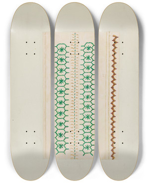 Triptych art skateboard deck of Ruth M Barnes Sampler Stitching_2 by Ruth M Barnes
