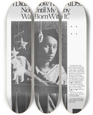 Triptych art skateboard deck of Centers For Disease Control And Prevention I Didnt Know I Had Aids Not Until My Baby Was Born With It by Centers for Disease Control and Prevention (1946)