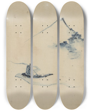 Triptych art skateboard deck of Katsushika Hokusai A Person In A Small Boat On A River With Mount Fuji In The Background by Katsushika Hokusai (1760-1849)