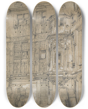 Triptych art skateboard deck of Samuel Prout Old House In Rouen by Samuel Prout (1783-1852)