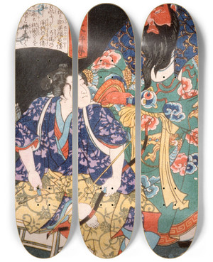 Triptych art skateboard deck of Tsukioka Yoshitoshi Ake Tamanosuke Seated By The Statue Of A Chinese General by Tsukioka Yoshitoshi (1839-1892)