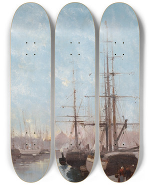 Triptych art skateboard deck of Eugne Galienlaloue Harbor Scene by Eugene Galien Laloue (1854-1941)
