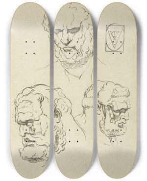 Triptych art skateboard deck of Peter Paul Rubens Three Studies Of A Mans Head And Beard by Peter Paul Rubens (1577-1640)