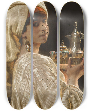 Triptych art skateboard deck of Carl Haag The Coffee Service by Carl Haag (1820-1915)
