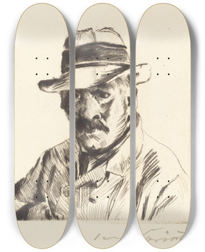 Triptych art skateboard deck of Lovis Corinth Selfportrait In A Straw Hat Selbstbildnis Im Strohhut by Lovis Corinth (1858-1925)