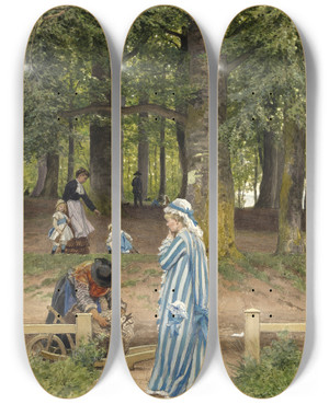 Triptych art skateboard deck of Anton Von Werner The Artists Wife And Daughters In A Park At Heringsdorf by Anton von Werner (1843-1915)