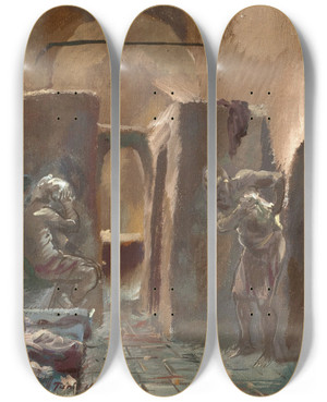 Triptych art skateboard deck of Alexandre Jacovleff In Einem Hammam In Tunis Tunesien by Alexandre Jacovleff (1887-1938)