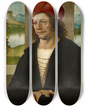 Triptych art skateboard deck of Hans Leonhard Schufelein Portrait Of A Man With Red Cap by Hans Leonhard Schaufelein (1480-1540)