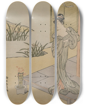 Triptych art skateboard deck of Suzuki Harunobu Young Woman Looking At A Pot Of Pinks by Suzuki Harunobu (1724-1770)