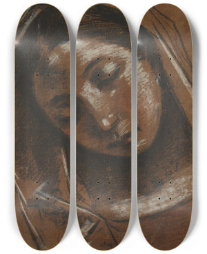 Triptych art skateboard deck of Giacomo Cavedone Head Of The Virgin by Giacomo Cavedone (1577-1660)