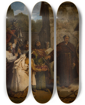 Triptych art skateboard deck of Franoislouis Dejuinne Saint Fiacre Refusing The Crown Of Scotland by Francois Louis Dejuinne (1786-1844)
