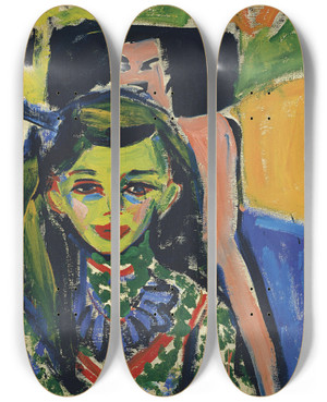 Triptych art skateboard deck of Ernst Ludwig Kirchner Frnzi In Front Of Carved Chair by Ernst Ludwig Kirchner (1880-1938)