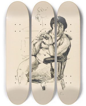 Triptych art skateboard deck of Lovis Corinth Weiblicher Akt Mit Halskette Im Lehnsessel by Lovis Corinth (1858-1925)