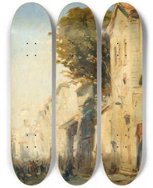 Triptych art skateboard deck of Flix Ziem A Street In Martigues by Felix Ziem (1821-1911)