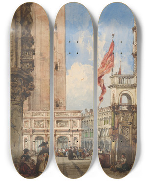 Triptych art skateboard deck of William Wyld St Marks Square Venice With Loggetta by William Wyld (1806-1889)