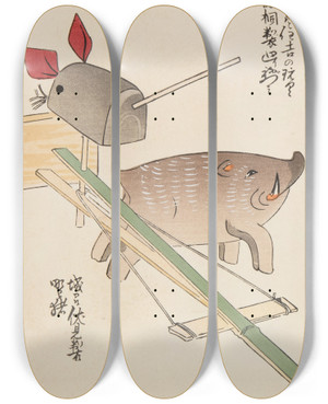 Triptych art skateboard deck of Shimizu Seif Unai No Tomo Pl 191 by Shimizu Seifu (1851-1913)