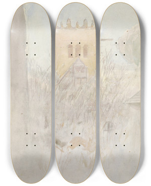 Triptych art skateboard deck of Ladislav Mednynszky The Bell Tower In Strky Ii by Ladislav Mednyanszky (1852-1919)