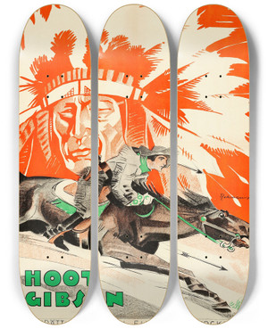 Triptych art skateboard deck of Eric Rohman The Flaming Frontier by Eric Rohman (1891-1949)
