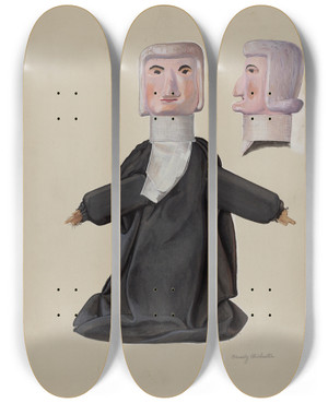 Triptych art skateboard deck of Beverly Chichester Judge Hand Puppet by Beverly Chichester (20-)
