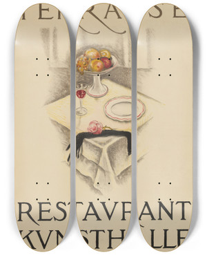 Triptych art skateboard deck of Burkhard Mangold Affiche Voor Het Restaurant Kunsthalle In Bazel by Burkhard Mangold (1873-1950)