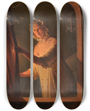 Triptych art skateboard deck of Johan Gustaf Sandberg Girl By Candlelight by Johan Gustaf Sandberg (1782-1854)