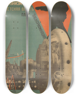 Triptych art skateboard deck of Gustav Klutsis Communism Equals Soviet Power Plus Electrification by Gustav Klutsis (1895-1938)