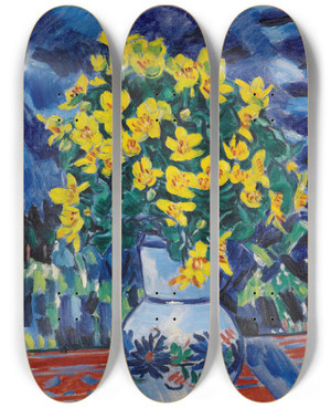 Triptych art skateboard deck of Vclav Pla Bouquet Of Flowers In A Blue Vase by Vclav pla (1885-1946)