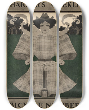 Triptych art skateboard deck of Maxfield Parrish Harpers Weekly Bicycle Number by Maxfield Parrish (1870-1966)
