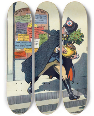 Triptych art skateboard deck of Louis Glackens He Had A Hunch by Louis Glackens (1866-1933)