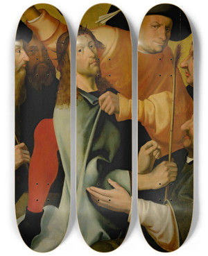 Triptych art skateboard deck of Follower Of Hieronymus Bosch The Mocking Of Christ by Follower Of Hieronymus Bosch (1450-1516)