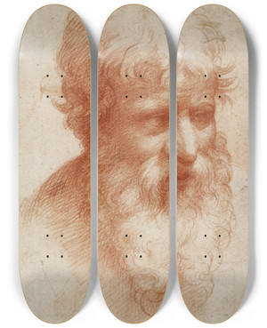 Triptych art skateboard deck of Parmigianino Head Of A Bearded Man Looking Right by Parmigianino (1503-1540)