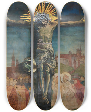 Triptych art skateboard deck of Leon Wyczkowski Christ On The Cross by Leon Wyczolkowski (1852-1936)