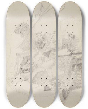 Triptych art skateboard deck of Ferdynand Bryll Scena W Pracowni Malarza by Ferdynand Bryll (1863-1922)