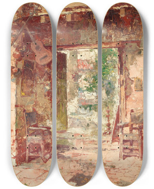 Triptych art skateboard deck of Tefilo Castillo The Antiquarians Shop Cusco by Teofilo Castillo (1857-1922)