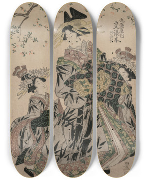 Triptych art skateboard deck of Toyokuni Utagawa The Courtesan Katakoshigi Of Maruebiya With Her Kamuro Ageha And Midori by Toyokuni Utagawa (1769-1825)